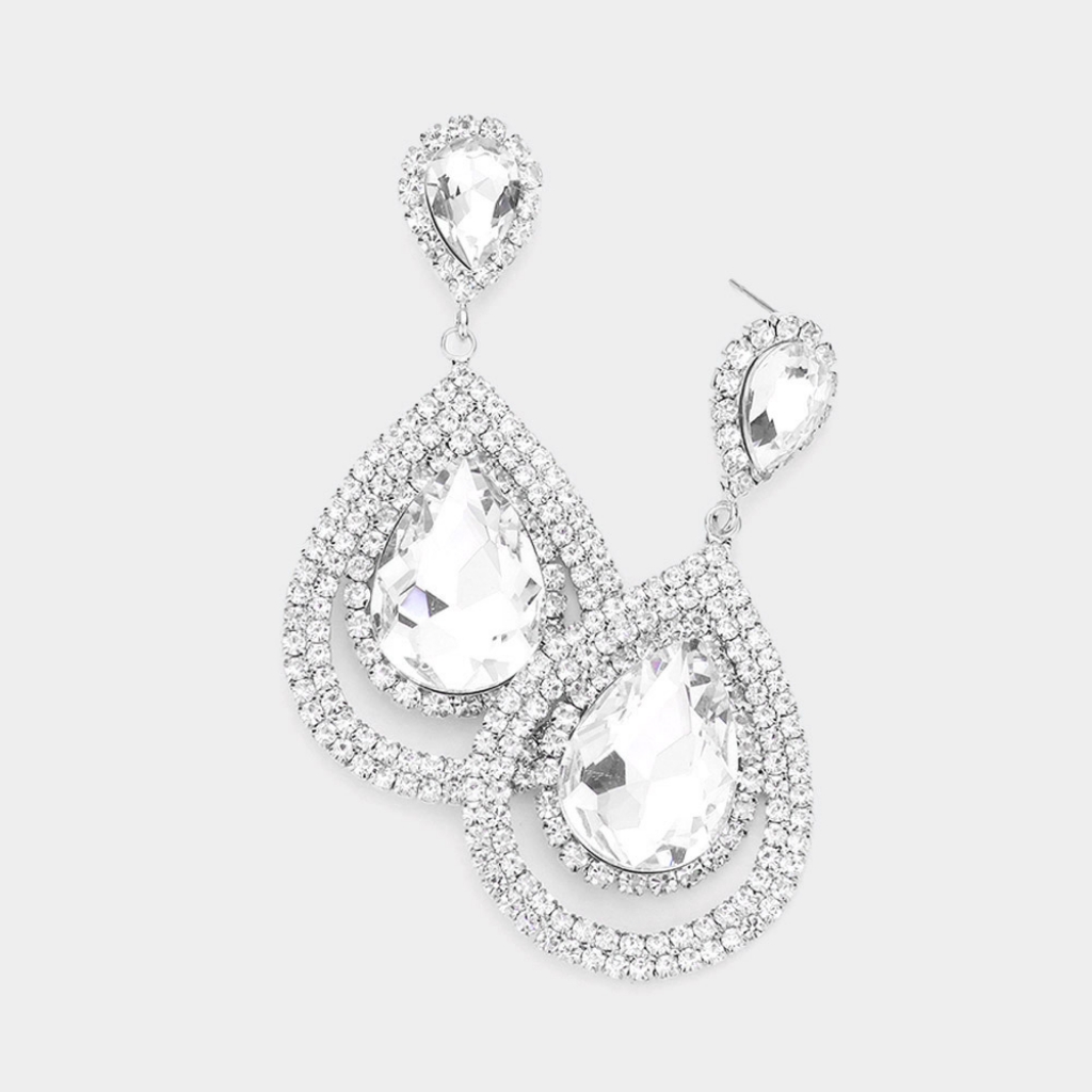 Silver Rhinestone Crystal Dangle Earrings Trimmed Teardrop Statement Evening 32$